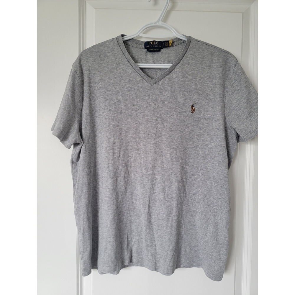 Polo Ralph Lauren Mens V-Neck‎ T-Shirt Gray Custom Slim Fit Cotton Pony Logo L